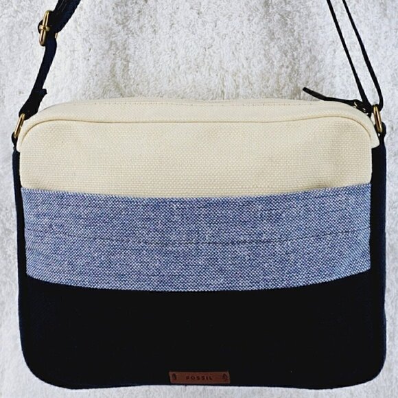 FOSSIL Navy Blue Ivory Striped Linen Crossbody Leather Accents Adjustable Strap - Picture 1 of 16